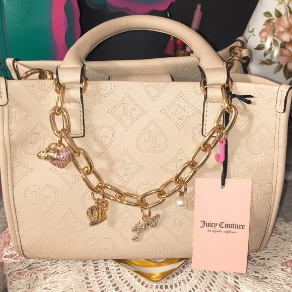 Juicy Couture Sandstone Mini Tote Gold Chain With Charms Padded Handles & Strap - Picture 10 of 11